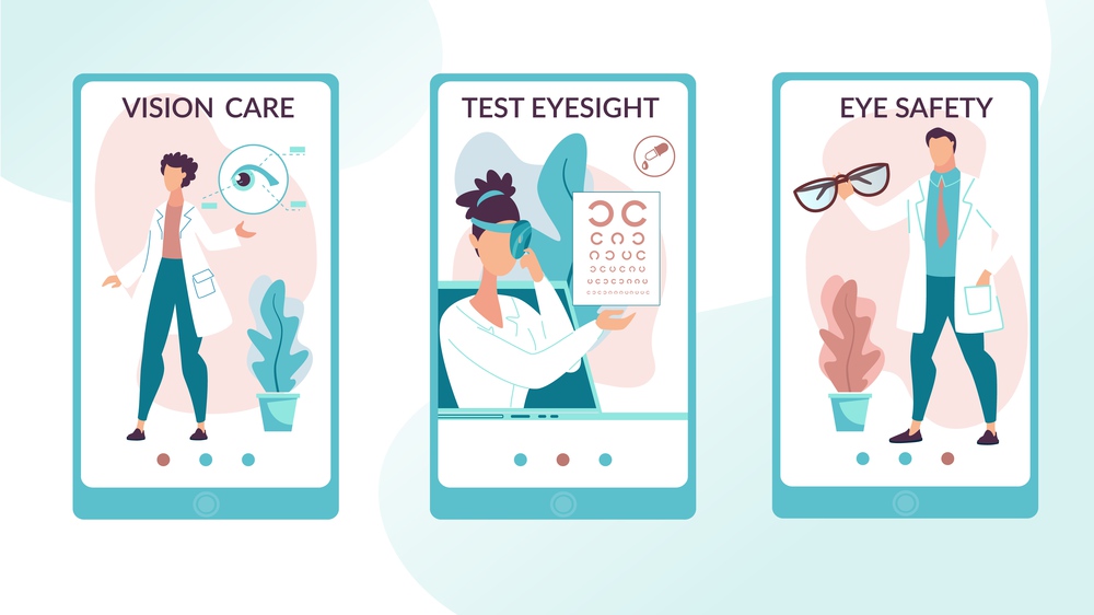 Informational Banner is Written Vision Car Flat. Set Inscription Test Eyesight, Eye Safety. Poster Oculist Examines Indicators and Prescribes Appropriate Treatment. Vector Illustration.