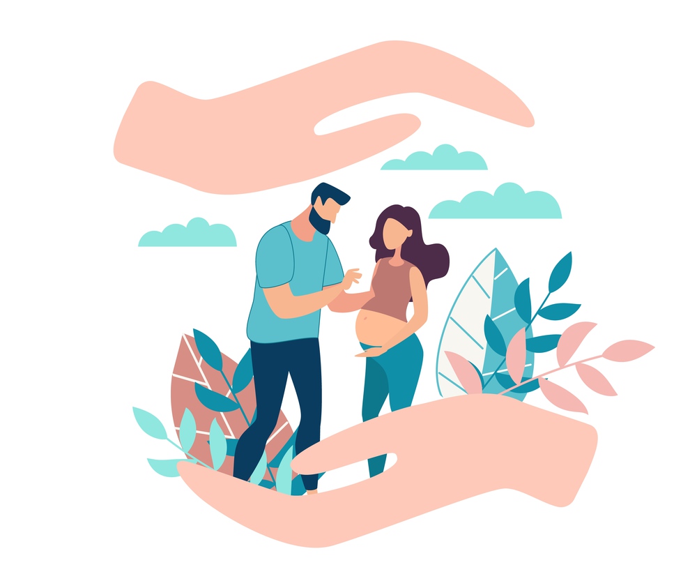 Informative Flyer Female Reproductive Health. Banner Family is in Caring Hands. Future Father Shows Future Mother Document. Pregnant Wife and Husband Stand in Park. Vector Illustration.