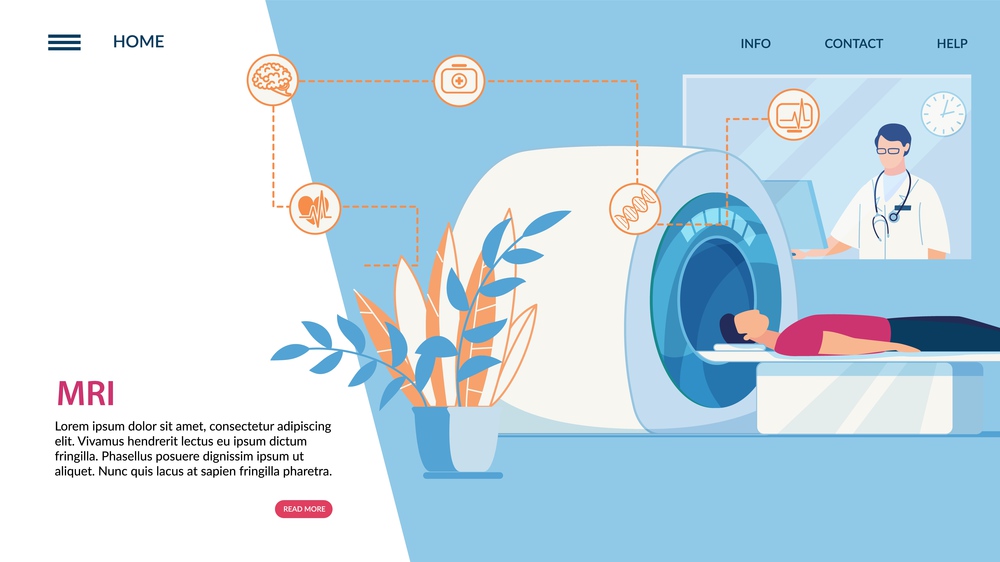 Informational Flyer Inscription Mri, Cartoon. Banner Man is Preparing for an Examination in Clinic, with Help Modern Equipment under Supervision Doctor. Vector Illustration Landing Page.