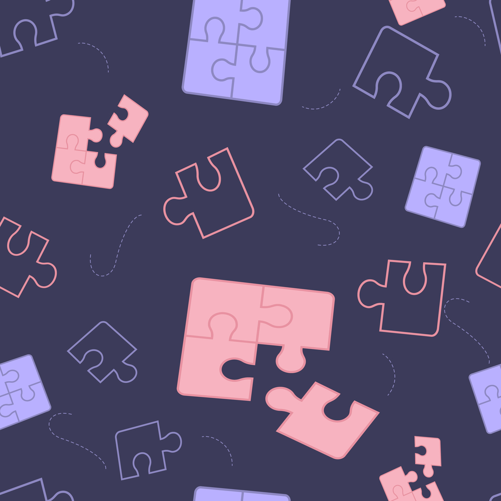 Illustration Components Puzzle on Dark Background. Pattern Vector Image Pink, Blue and Silhouette Puzzle Detail. Connection into One. Piece by Piece. Design Overall Picture. Isolated Blue Background