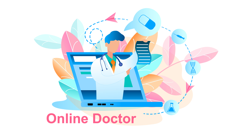 Illustration Online Doctor Treatment Consultation. Banner Vector Male Doctor in Online Mode Gives Prescription Treatment from Screen Laptop Monitor. Technology Modern Medicine. Pill, Syringe, Dna