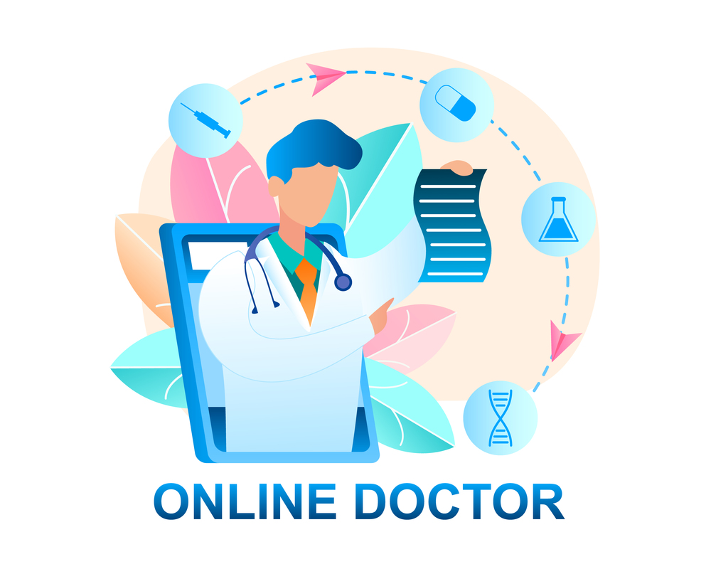 Illustration Online Doctor Consultation Patient. Banner Vector Image Male Pediatrician in White Medical Gown in Screen Monitor Tablet. Prescription Treatment Disease. Pill, Syringe. Medical Treatment