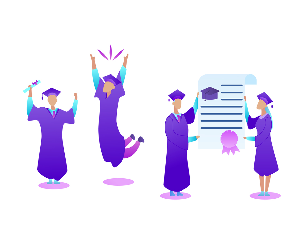 Vocational Education Specialists Graduating. Online Learning, Cheerful Young Man and Woman Dressed in Mantle and Academical Cap Holding Diploma Celebrating Graduation. Flat Vector Illustration.. Vocational Education Specialists Graduating.