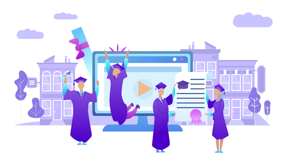 Young People in Academic Cap and Gown Hold Diploma On Huge Monitor and University Building Background. Group Of Graduation Students. Cartoon Guys and Girls Celebrating. Flat Vector Illustration. Young People in Academic Cap Graduate University