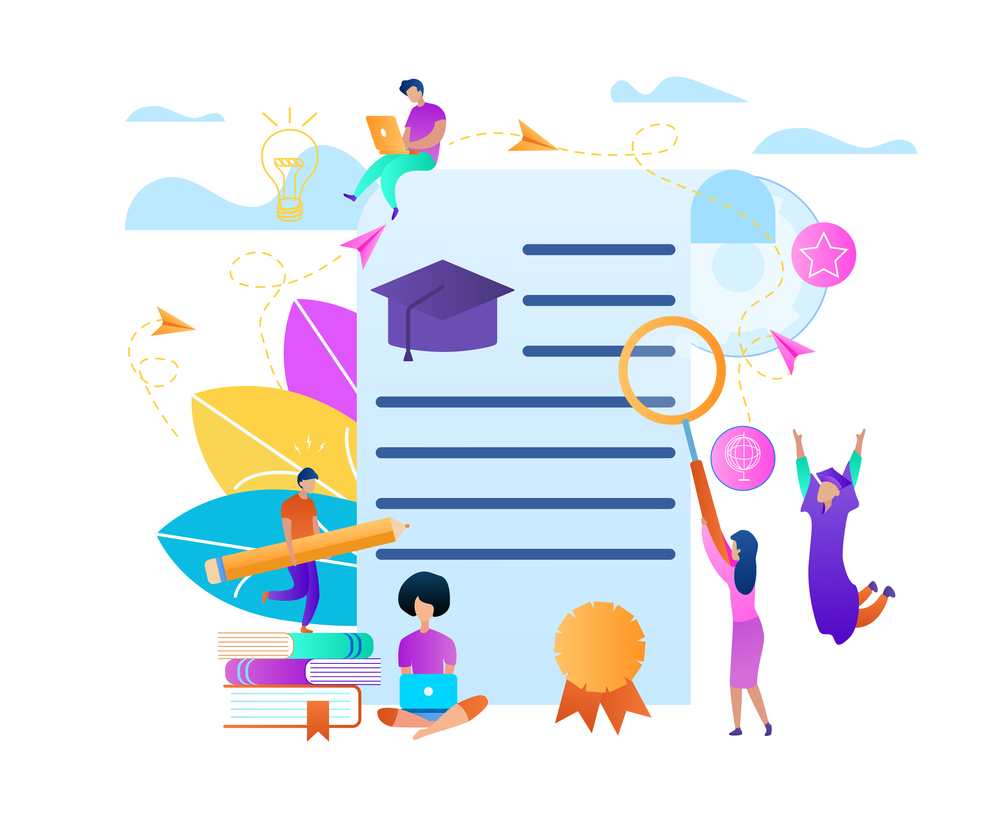 Frame with Copy Space on Education Topic. Training Young People Gaining Knowledge From Books and Internet Around of Certificate. Online Learning Students Composition. Flat Vector Illustration, Banner. Young People Training Around of Certificate Blank