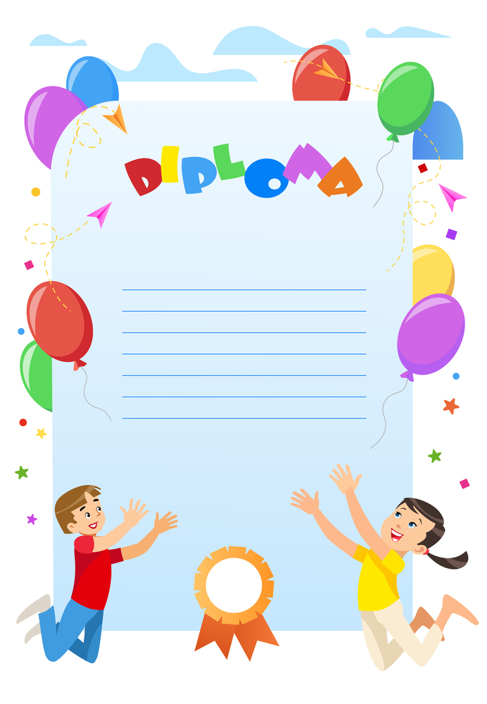Diploma Certificate for Kindergarten, Elementary School, Preschool Student. Cheerful Cartoon Kids Jump with Hands Up. Balloons and Clouds Border. Seal Stamp. Colorful Vector illustration, Copy Space. Diploma Certificate for Kindergarten or School.