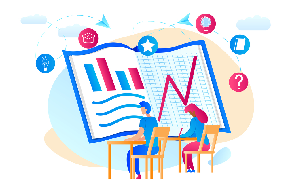 Male and Female Students Sitting at Desk and Watchig at Huge Notebook with Graphs and Charts Pictures on Beige and Blue Background with Clouds. Educational Icons Around. Flat Vector Illustration.. Students Watchig at Huge Notebook with Graphs