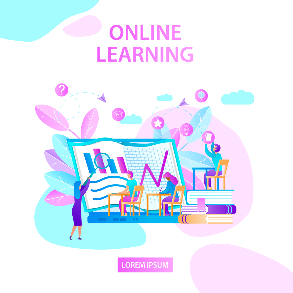 Students Siting at Desk and Watching at Huge Laptop Screen with Charts. Woman Trainer Explain Lesson on Pink and Blue Background. Online Learning. Square Banner. Copy Space. Flat Vector Illustration.. Online Learning. Square Banner. Trainer Explaining