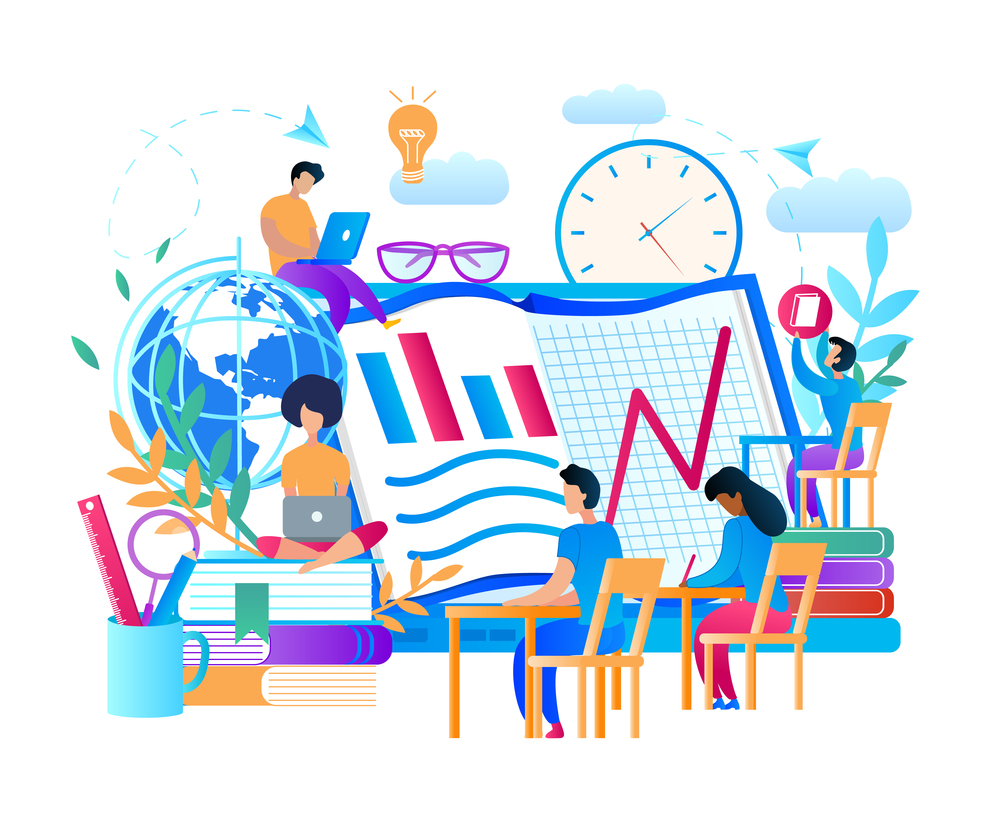 Online Educational Courses. Small People sitting at Computer Screen with Graphs and Charts. Men and Women Students Learning via Internet Using Gadjets. Education Icons. Flat Vector Illustration.. Small People sitting at Computer Screen with Graph