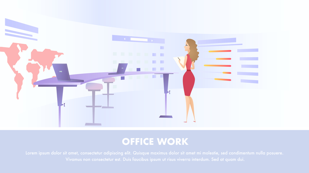 Young Woman in Red Dress with Notepad in Hand Watching at Huge Semicircular Screen with World Map Standing Near Desk with Computer. Horizontal Office Work Banner, Copy Space. Flat Vector Illustration. Young Woman Watching at Huge Information Screen