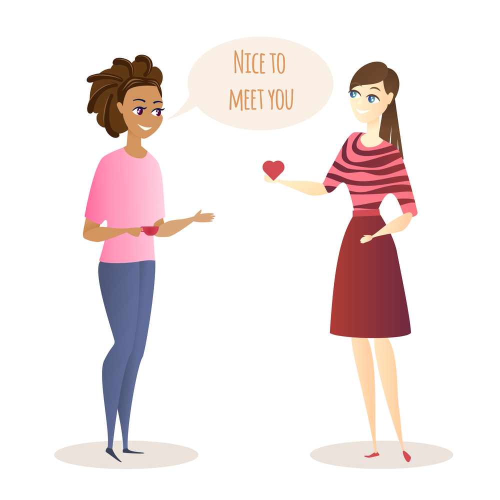 Two Young Women Cartoon Character Meeting and Friendly Conversation. Girls Hold Heart and Cup in Hand. Nice to Meet You Inscription in Speech Bubble. Office Life Situation. Flat Vector Illustration.. Young Women Meeting and Friendly Conversation.