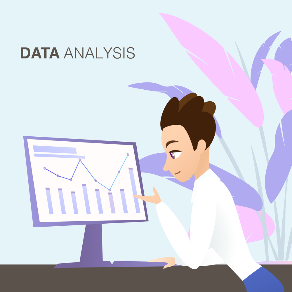 Young Man with Brown Hair in White Shirt Looking at Computer Monitor Learing Business Chart and Graph Standing at Table on Plant Background. Data Analysis Inscription. Flat Vector Office Illustration.. Young Man Looking at Business Graph Data Analysis