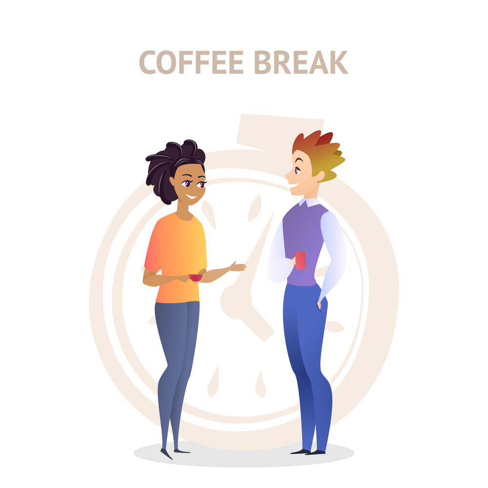Young Man and Woman Workers, Colleagues Drinking Coffee at Office. Friendly Conversation. Smiling Talking People on White Doodle Stopwatch Background. Vector Illustration, Coffee Break Inscription. Coffee Break Colleagues Friendly Conversation