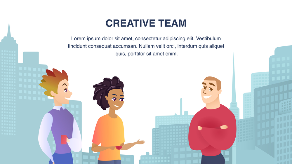 Group of Young People Easy Talking with Cup in Hand on Cityscape Background. Horizontal Rectangle Banner, Creative Team Inscription, Copy Space, Office Life, Teamwork Flat Cartoon Vector Illustration. Young People Friendly Talk on Cityscape Background