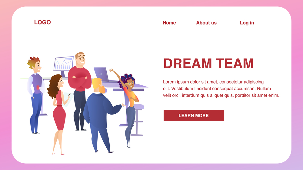 Business People Teamwork Creative Group Communication. Corporate Team on Working Place Background. Horizontal Rectangle Banner, Copy Space. Dream Team Inscription. Flat Cartoon Vector Illustration