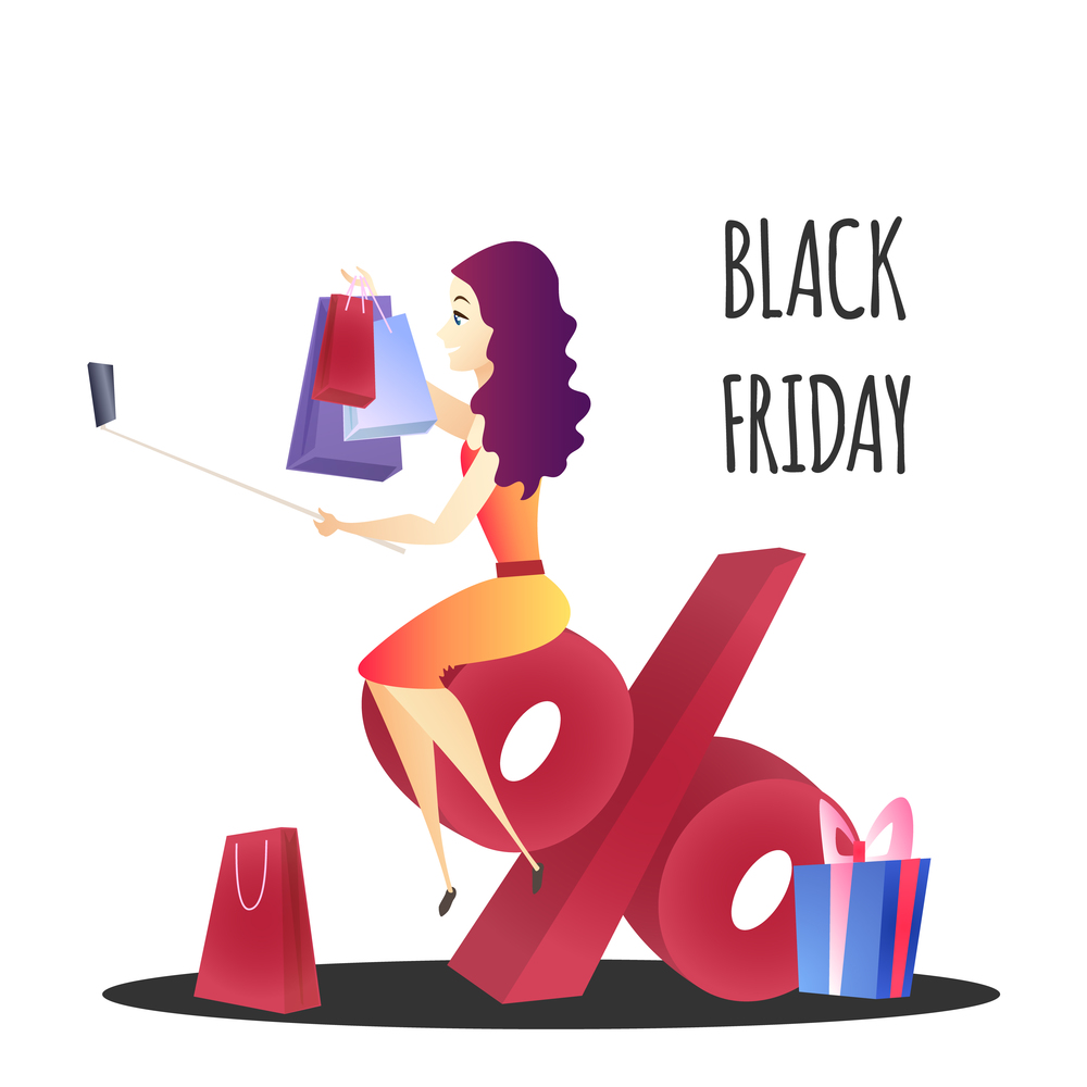 Online Shopping Website Element Template. Black Friday Sale Flat Illustration. Woman Sitting on Percentage. Selfie with Purchases Concept. Bonuses and Discounts. Online Shop Web Banner. Online shopping website element template