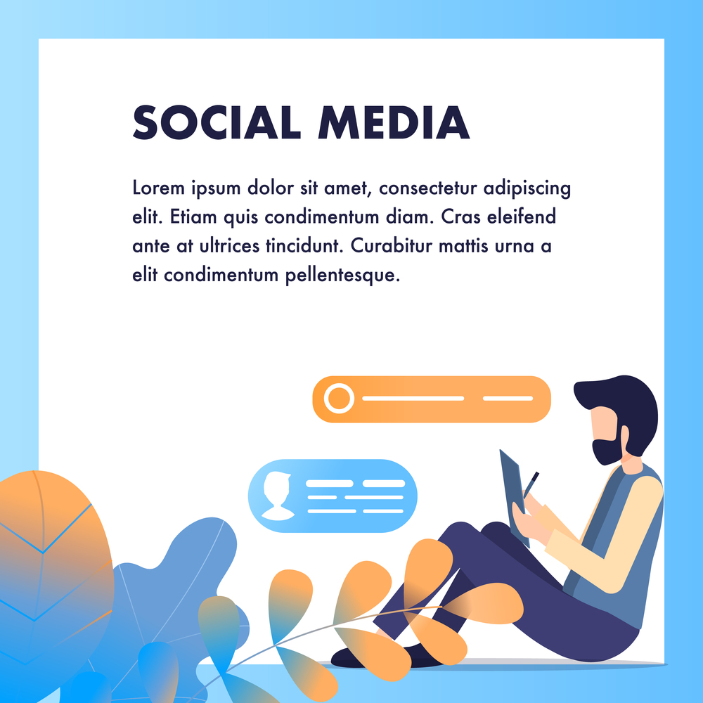 Male Freelancer Sit Type Search Info Social Media. Bearded Man Writer, Painter or Blogger Character Hold Tablet. Network for Modern Employee Selection. Flat Cartoon Vector Illustration. Male Freelancer Sit Type Search Info Social Media