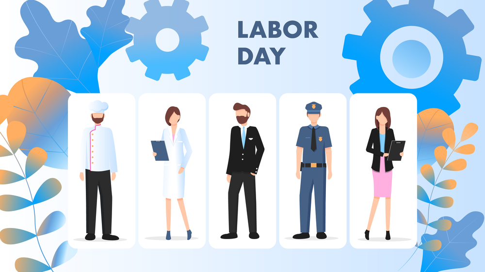 Labor Day Different Occupation Character Stand Set. Group of People Wear Special Uniform. Chef, Supply Manager, Businessman, Police Man, Office Worker. Flat Cartoon Vector Illustration. Labor Day Different Occupation Character Stand Set