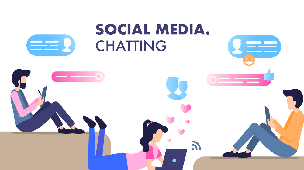 Young Man Woman Sit Lay Use Smartphone Chatting. Friend Character Read News and Write Message. Social Media Communication on Modern Laptop Smart Phone Device. Flat Cartoon Vector Illustration. Young Man Woman Sit Lay Use Smartphone Chatting
