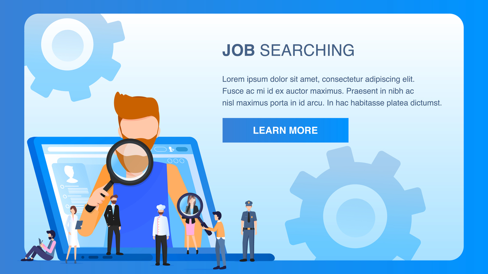 Various Occupation Character Man Hold Magnifier. Computer Job Searching. Human Resource Manager Analyze Applicant Profile. Employment Interview. Flat Cartoon Vector Illustration. Various Occupation Character Man Hold Magnifier