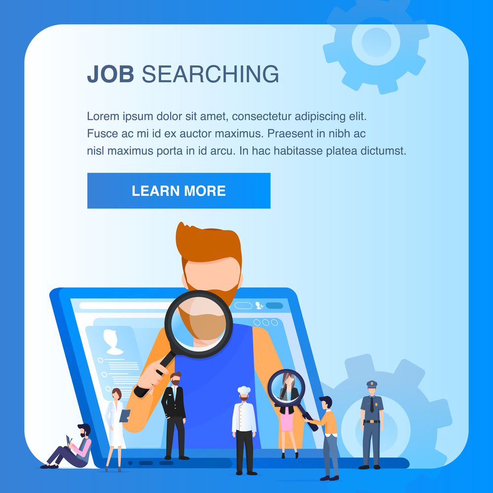 Character Job Searching Man Hold Magnifying Glass Various Occupation People. Employee Appear from Laptop. Human Resource Management. Resume Analysis. Flat Cartoon Vector Illustration. Character Job Searching Man Hold Magnifying Glass