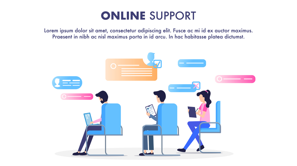 Online Support Operator Sit on Chair Workplace. Man and Woman Call Center Service Worker. Character use Modern Device Computer Laptop Tablet to Chat. Flat Cartoon Vector Illustration. Online Support Operator Sit on Chair Workplace