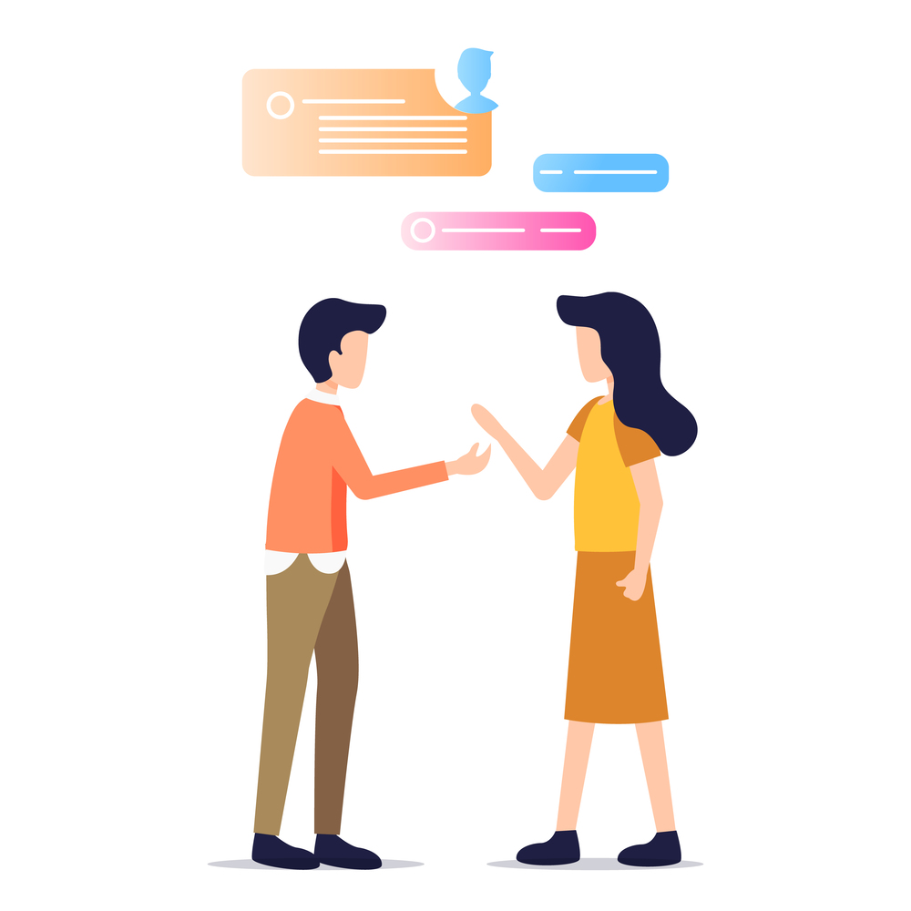 Man and Woman Talk Chat Friend Work Conversation. Chatting. Speech Bubble Place for Word. Coworker Speak have Discussion Debate. Chatting Balloone. Flat Cartoon Vector Illustration. Man and Woman Talk Chat Friend Work Conversation