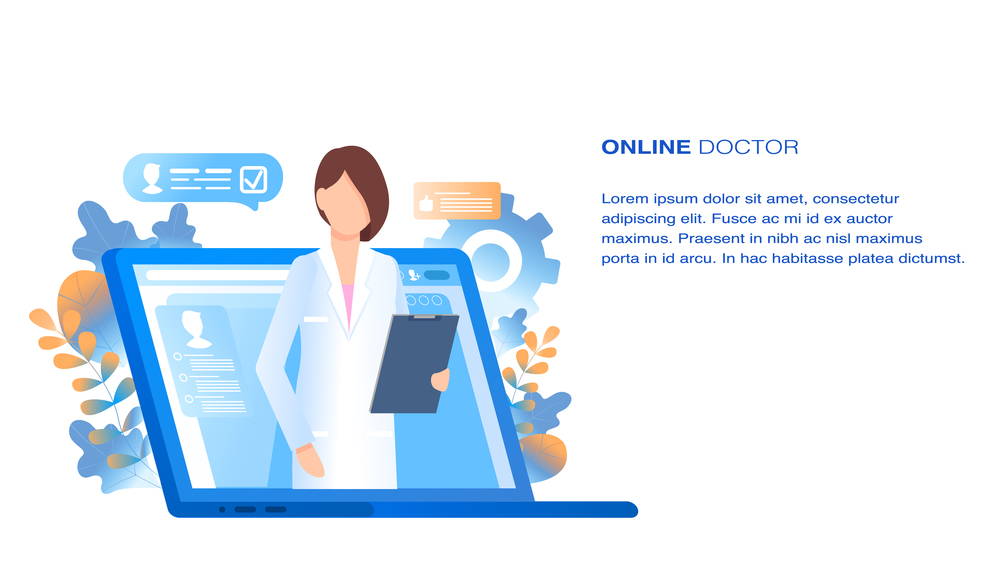 Online Doctor Medical Consultation and Support. Internet Computer Pharmacy Health Service. Woman with Tablet in Hand Appear from Laptop. Hospital Consult. Flat Cartoon Vector Illustration. Online Doctor Medical Consultation and Support