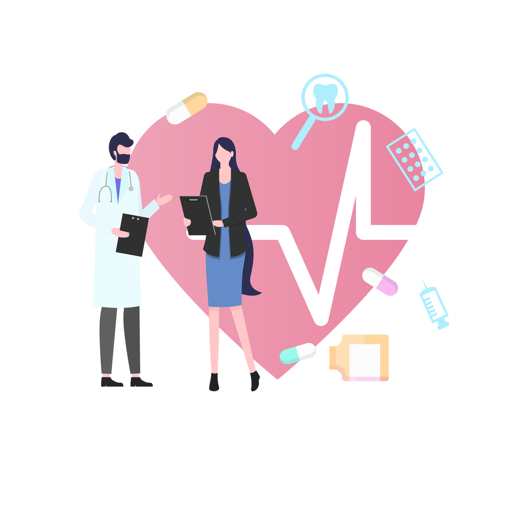 Woman Patient Man Doctor with Stethoscope Medical Consultation Vector Illustration. Cardiology Concept Heart Disease Treatment Heartbeat Pulse Check Medication Prescription Insurance Protection. Woman Patient Man Doctor Medical Consultation