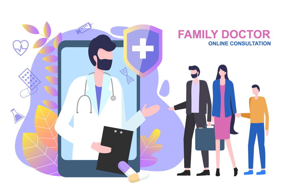 Family Doctor Online Consultation Vector Illustration. Cartoon Male Physician Man Woman Child Internet Appointment Medical Advice Service Professional Diagnosis Treatment Health Care. Family Doctor Online Consultation Man Woman Child