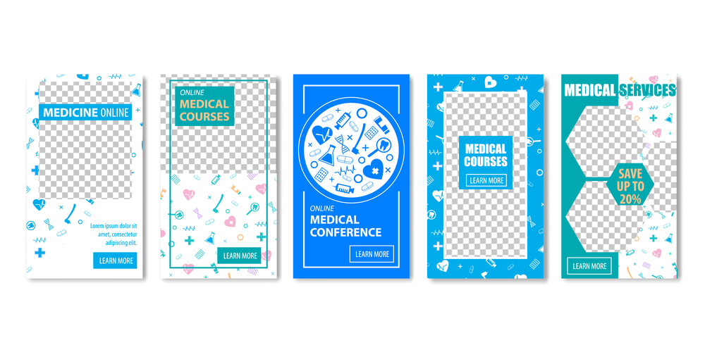 Medical Courses Conference Services Medicine Online Banner Set with Transparent Background. Education Internet Consultation Professional Health Insurance Advertisement Social Media Cover. Medical Social Media Services Medicine Banner
