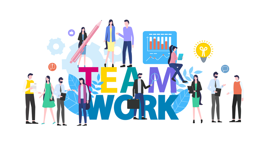 Teamwork People Man Woman Office Worker Vector Illustration. Male Female Employee Cartoon Character Business Company Collaboration Cooperation Conversation Meeting Project Discussion. Teamwork Cartoon People Man Woman Office Worker