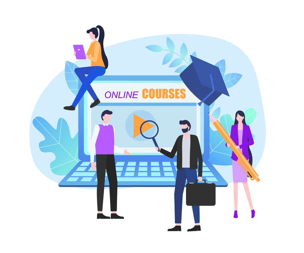 Online Courses Page Notebook Screen Man Woman Student Vector Illustration. Distance Education Technology Internet Conference E-learning English Language Teaching Mobile Phone Application. Online Courses Notebook Screen Man Woman Student