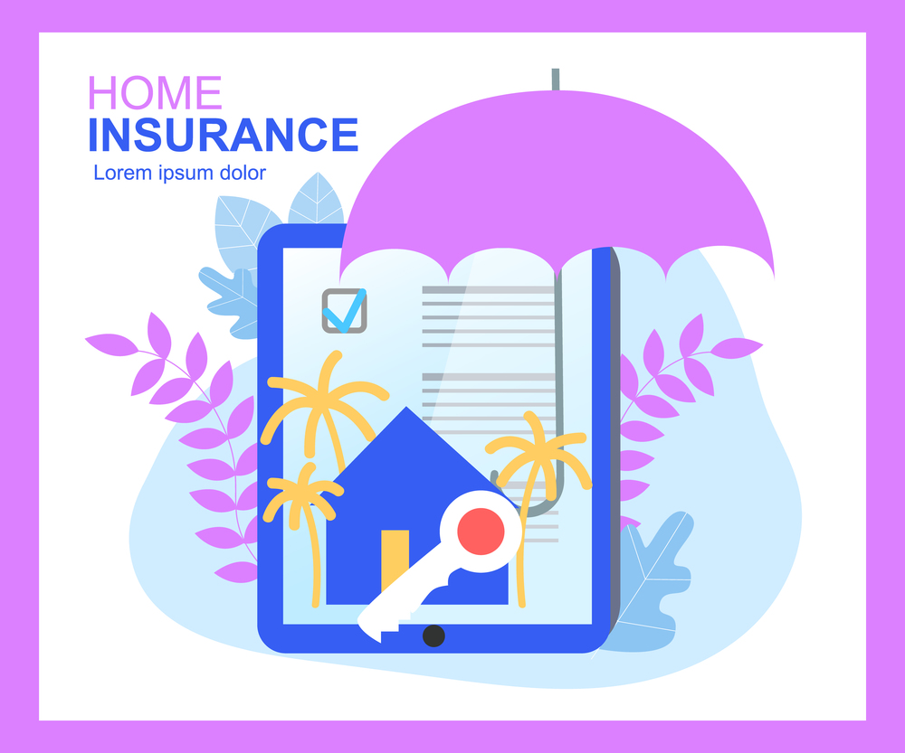 Home Insurance Contract Sign Umbrella Protection House Key Vector Illustration. Damage Financial Cover Accurance Security Family Real Estate Purchase Rent Offer Document Realtor Sell. Home Insurance Contract Sign Umbrella House Key