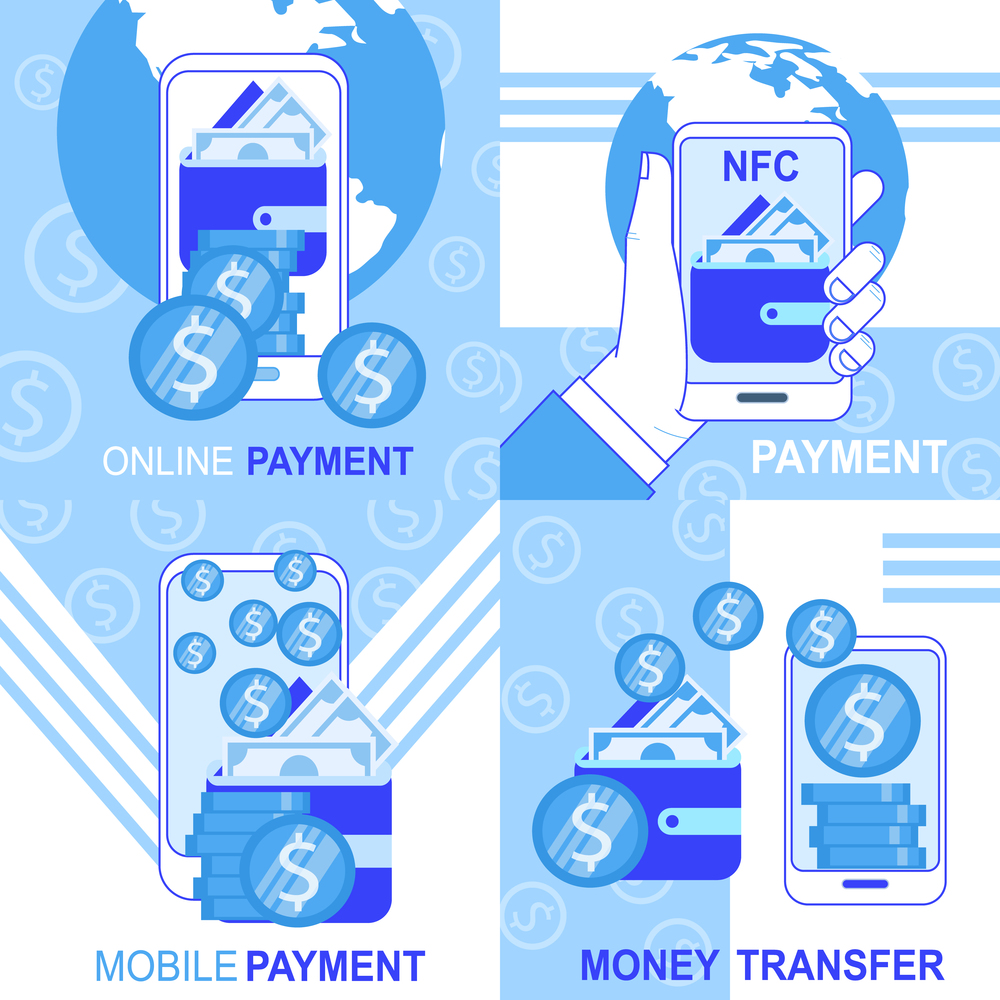 Online Mobile NFC Payment Money Transfer Banner Set Vector Illustration. Electronic Wallet Internet Banking Account Smartphone Application Virtual Transaction Technology Shopping Purchase. Online Mobile NFC Payment Money Transfer Banners