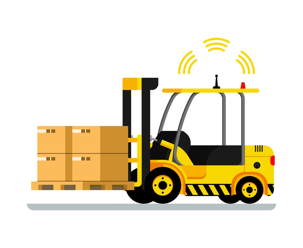 Yellow Automatic Delivery Forklift Car Full of Box. Storage Shipping Transportation Equipment. Mechanical Loader Driving Package. Signal Radar is Working. Flat Cartoon Vector Illustration. Yellow Automatic Delivery Forklift Car Full of Box