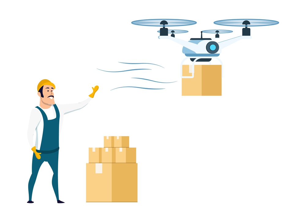 Flying Drone Delivery from Storage or Warehouse. Male Character Smiling Warehouse Worker in Overall Uniform and Hard Hat Standing near Cardboard Box. Air Delivery. Cartoon Vector Illustration. Flying Drone Delivery from Storage or Warehouse
