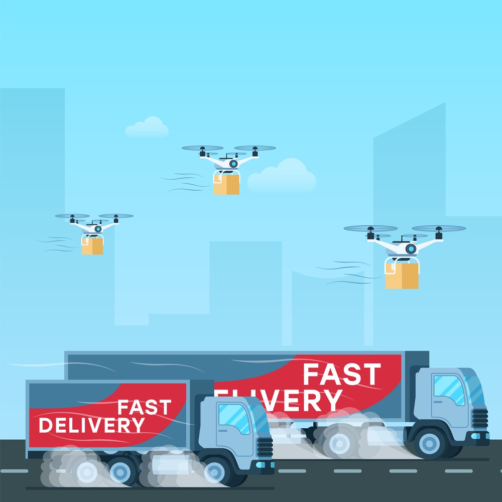 Fast Delivery Truck. Drone Flying with Package. Modern Urban Transportation Technology. Air Supply Device. Grey Express Shipping Van with Title on Side. Flat Cartoon Vector Illustration. Fast Delivery Truck. Drone Flying with Package