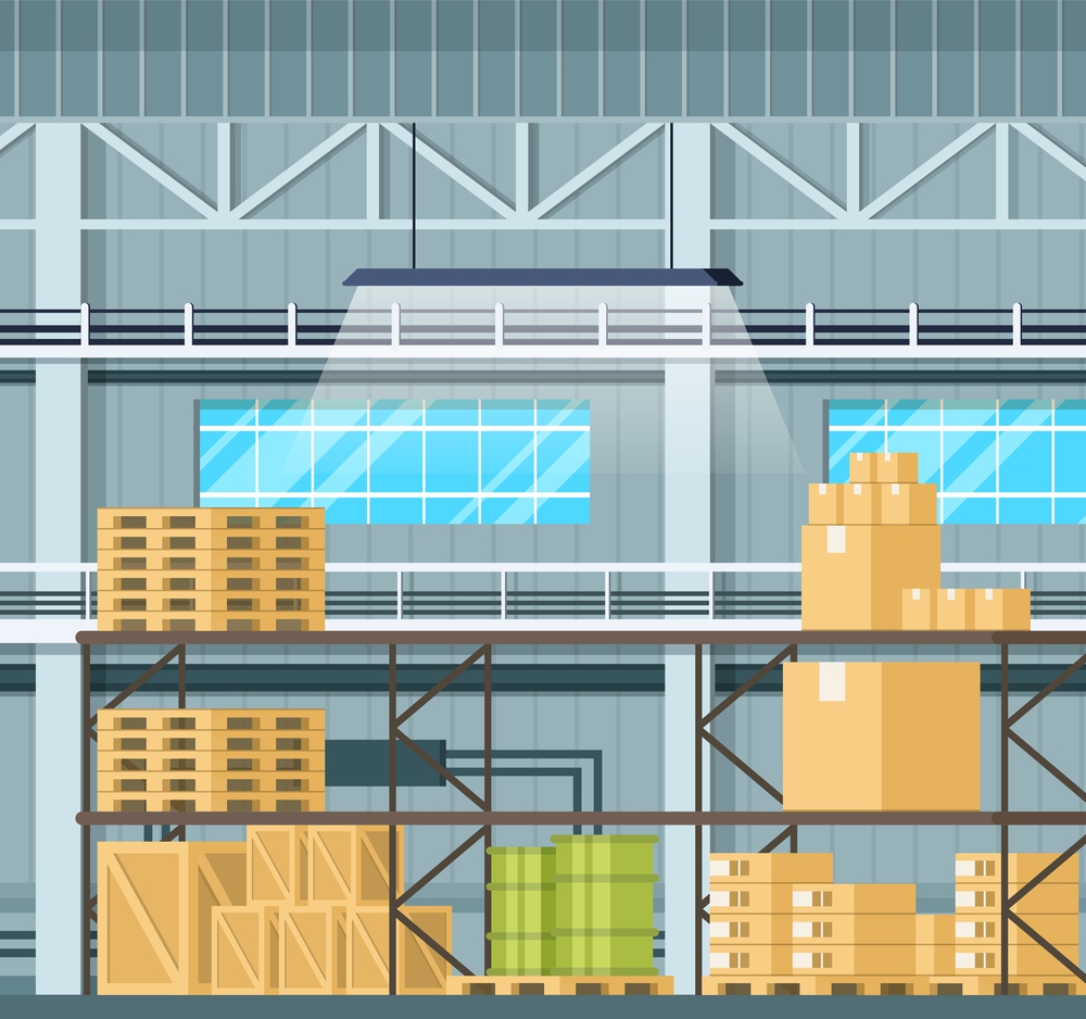 Storage Interior with Goods, Tank, Box on Shelf. Warehouse Indoor Design with Freight, Weight on Wooden Pallet, Tray, Container and Cardboard Package. Flat Cartoon Vector Illustration. Storage Interior with Goods, Tank, Box on Shelf