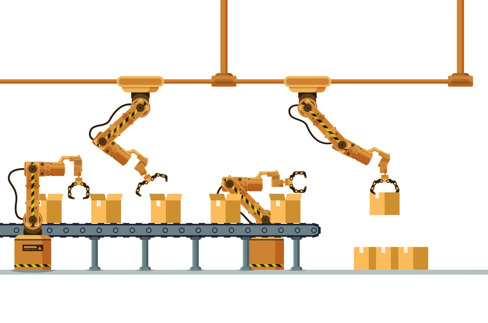 Brown Robotic Claw Automatic Packing Conveyor. Mechanical Robot Arm Crane Manufacture Technology. Yellow Grip Pack Box at Warehouse. Machinery Working Device. Flat Cartoon Vector Illustration. Brown Robotic Claw Automatic Packing Conveyor