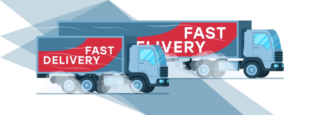 Two Grey Warehouse Fast Delivery Company Truck. Manufacture Depot Express Supply. Big Shipping Van with Title on Side Moving Quickly to Smoke under Wheel. Flat Cartoon Vector Illustration. Two Grey Warehouse Fast Delivery Company Truck