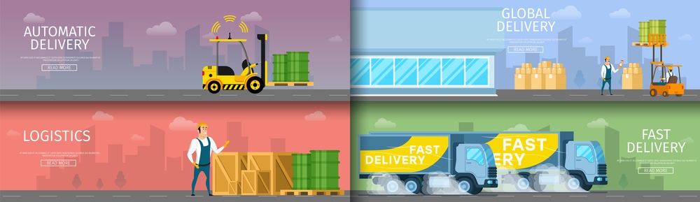Smart Factory Warehouse Maintenance Collection. Automatic Weight Distribution, Global Freight Shipping, Fast Goods Delivery, Professional Control Logistic. Flat Cartoon Vector Illustration. Smart Factory Warehouse Maintenance Collection