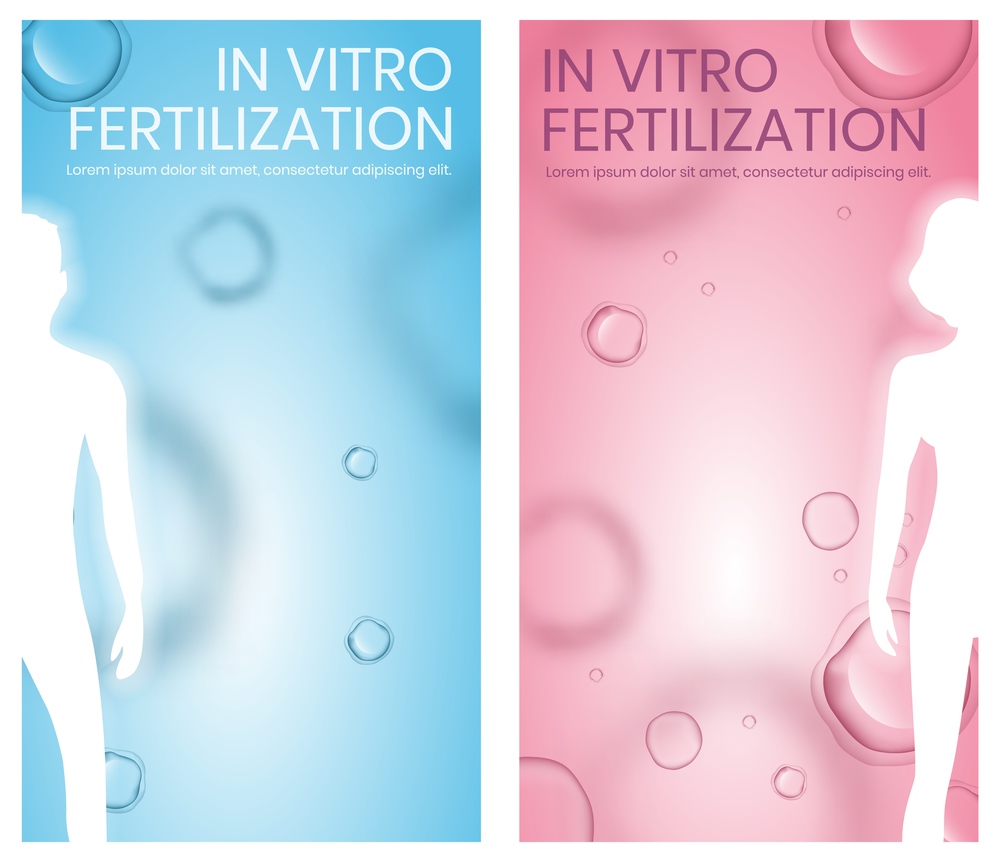 In Vitro Fertilization Vertical Banner Set, Copy Space. Abstract Faceless Man and Woman Silhouettes Stand on Blue and Pink Background with Microscopic Cells View. Medical Vector Realistic Illustration. Man and Woman Silhouettes on Abstract Background