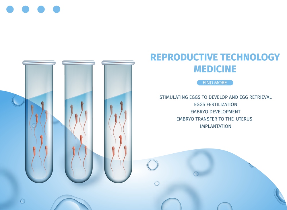 Reproductive Technology Medicine Banner. Sperm Cells In Test Tubes. Active Spermatozoons Prepared for In Vitro Fertilization. Vector Realistic Illustration, Blue and White Background with Copy Space.