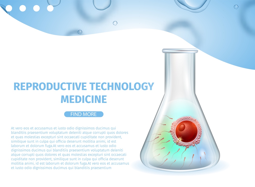 Reproductive Technology Medicine. In Vitro Fertilization Medical Banner. Human Egg Cell Fertilization with Sperm Inside of Laboratory Glass Beaker. Human Reproduction, Vector Realistic Illustration.. Reproductive Technology Medicine. IVF Banner.