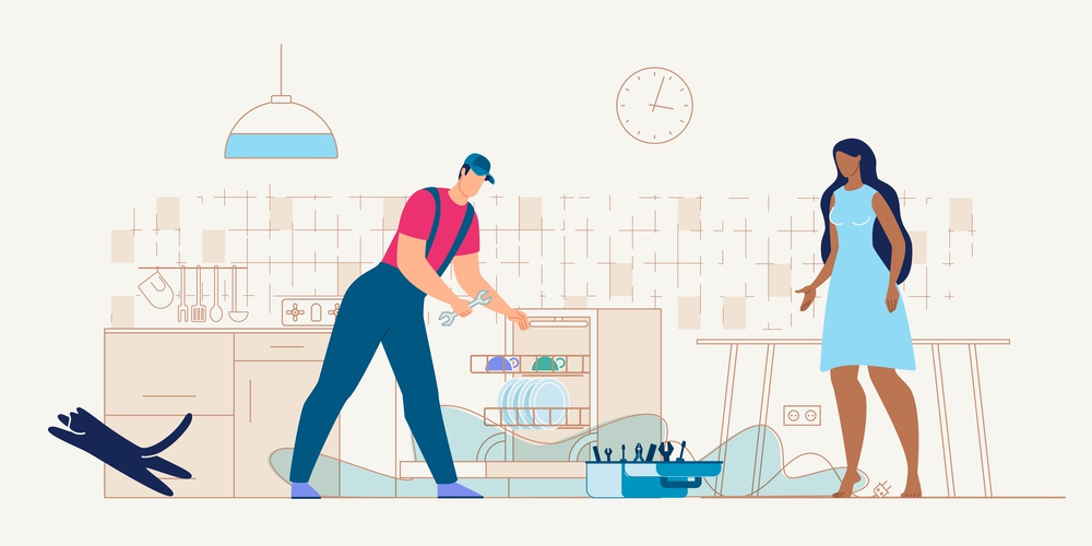 Home Appliances Repair Service Flat Vector Concept. Serviceman Using Wrench While Repairing Broken, Installing New Dishwasher Machine on Kitchen, Woman Telling About Problems to Repairman Illustration