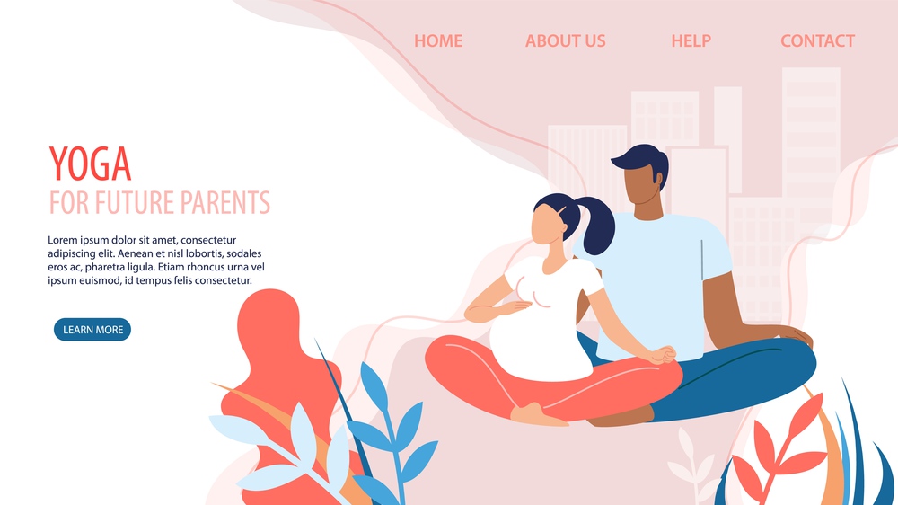 Yoga Exercises, Fitness Courses for Future Parents Trendy Flat Vector Web Banner, Landing Page Template. Pregnant Woman with Husband Meditating, Doing Breathing Exercises, Practicing Yoga Illustration