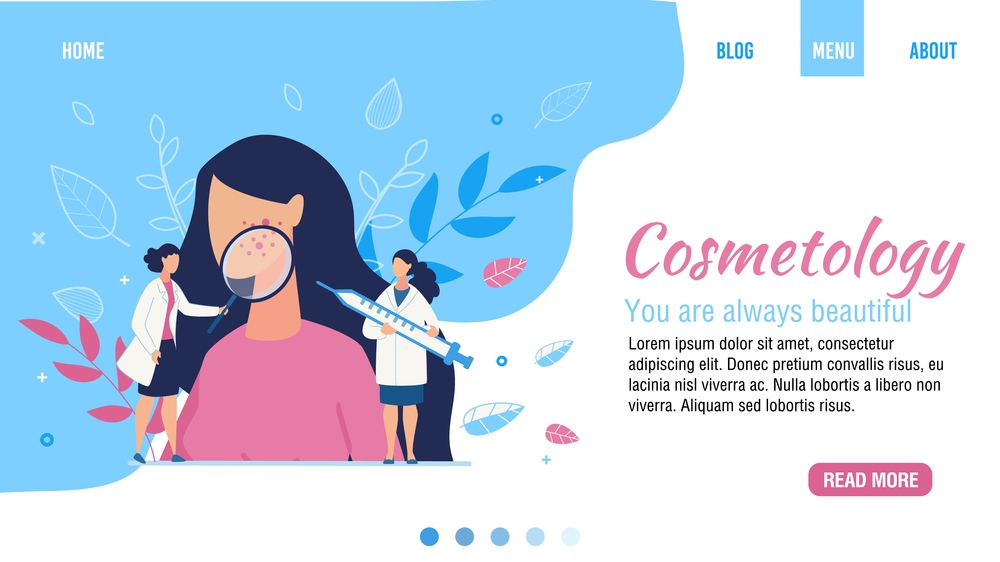 Flat Landing Page for Cosmetology Beauty Salon. Facial Skincare and Epidermidis Treatment. Woman Patient with Acne and Doctor Cosmetologist with Loupe and Syringe. Vector Cartoon Illustration. Flat Landing Page for Cosmetology Beauty Salon
