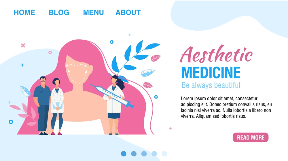 Landing Page Flat Design Layout Offering Aesthetic Medicine Service. Facial Injection. Cartoon Woman Patient and Doctors Cosmetologist with Syringe. Rejuvenating Mesotherapy. Vector Illustration. Landing Page Offering Aesthetic Medicine Service