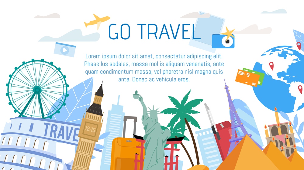 Travel Agency, Online Service for Tourists or Travelers Trendy Flat Vector Advertising Banner, Promo Poster Template. Airplane Flying Over Word Famous Architecture, Historical Attractions Illustration